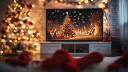 Flat screen television showing snowy winter landscape with decorated houses, positioned on white cabinet near sparkling christmas tree and wrapped presents