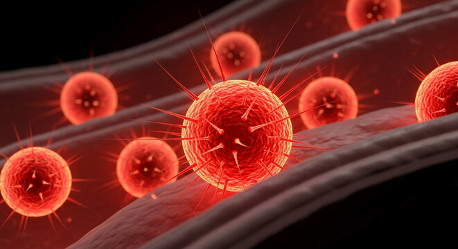 3D Render of Red Virus or Bacteria Cells in Bloodstream, Infection and Disease Concept