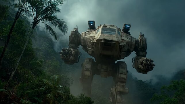 Giant mech walker strides through a lush, tropical, hazy jungle