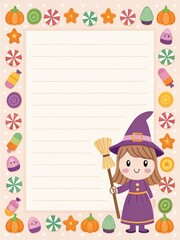 Fototapeta premium A whimsical Halloween card featuring a cartoon witch in pastel colors, perfect for festive greetings and seasonal celebrations.
