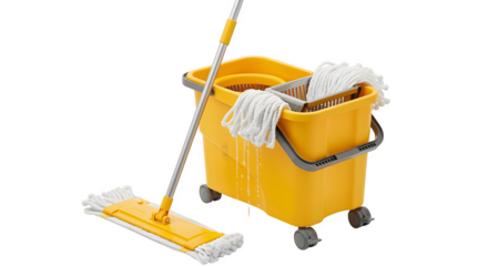 Realistic janitor mop and bucket, isolated on white background