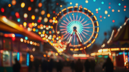 Spinning ferris wheel illuminating nighttime carnival, colorful lights blurring around rotating attraction creating dynamic movement