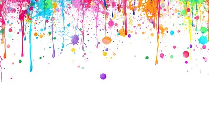 Naklejka premium Colorful paint splashes and drips on white background and wall, featuring vibrant color drops and dots that create a dynamic, artistic display with bold hues and energetic patterns.
