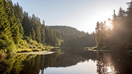 A serene lake mirroring golden sunset and forest, creating a perfectly symmetrical dreamscape.