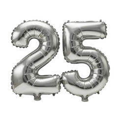 Silver foil balloon shaped as number '25' with Mylar texture and reflections, centered on a transparent seamless background in a clean studio environment, captured with bright even lighting from a