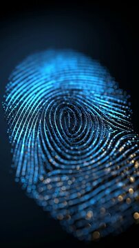 A glowing digital fingerprint scan. Concept for cybersecurity, biometric authentication, data protection, and the future of personal identity.