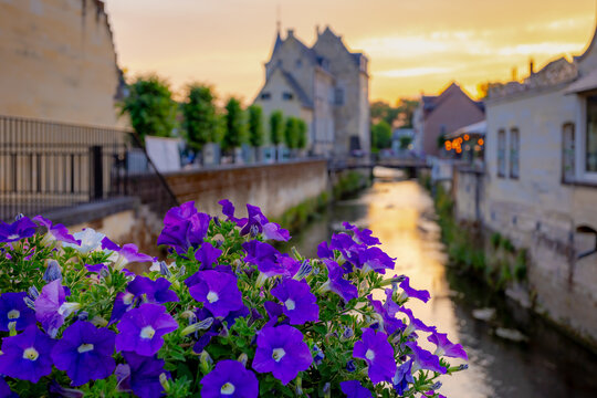 Summer sunset cityscape, Architecture traditional houses along the kleine (small) geul rivier, Valkenburg aan de Geul is an adorable little town in the southern Dutch province of Limburg, Netherlands.