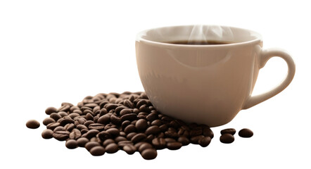 Fototapeta premium Hot coffee cup with steaming beverage beside roasted coffee beans on a transparent background, cutout PNG