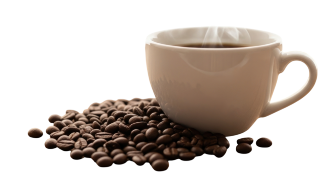 Hot coffee cup with steaming beverage beside roasted coffee beans on a transparent background, cutout PNG
