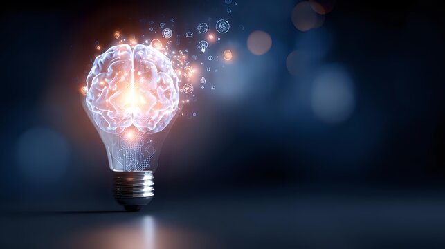 Glowing brain shaped light bulb with sparkles and bokeh effects on dark blue background symbolizing creative thinking and innovation process.