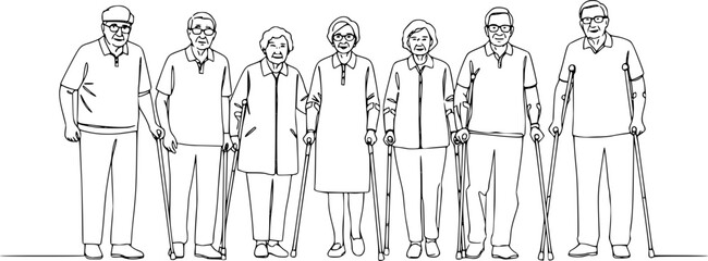 Group of elderly senior people with walking aids silhouette set large collection.