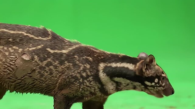 Striped Wild Mammal Walking, Isolated on Green Screen for Compositing