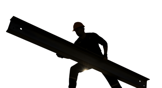 Silhouette of worker lifting steel beam, isolated on white background