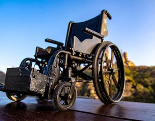 Wheelchair on a wooden surface, scenic background