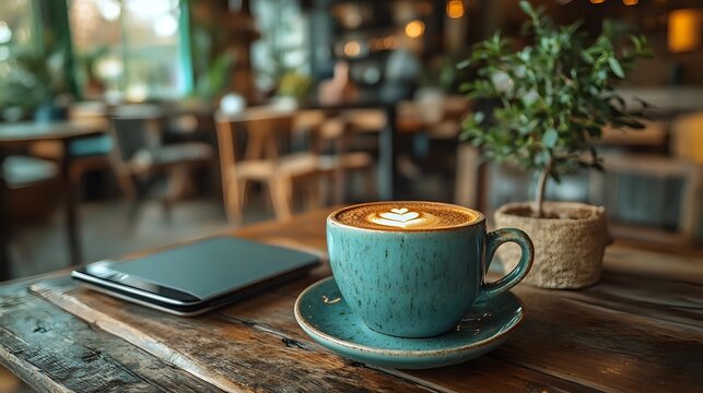 Turquoise coffee cup with latte art on rustic wooden table in cozy cafe interior, laptop and small potted plant creating modern workspace atmosphere.