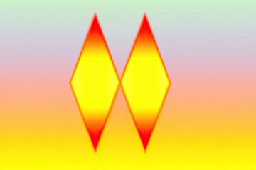 Two symmetrical, vibrant yellow diamonds with red outlines, set against a soft gradient background of pastel colors