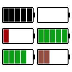 Vector illustration set of battery icons showing different charge levels from empty to full with color indicators for power status and energy capacity monitoring.