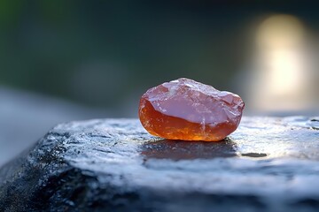 Raw orange carnelian crystal on dark stone surface in natural sunlight, showcasing translucent properties and rough organic texture with soft bokeh background.