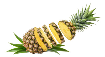 Sliced pineapple showcasing fresh yellow fruit and green leaves on a transparent background, cutout PNG