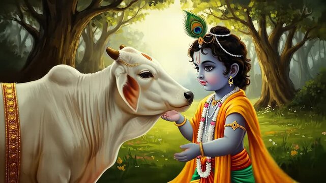 Divine childhood moment: Young Krishna gently touches a sacred cow in a serene forest, embodying innocence and spiritual connection.