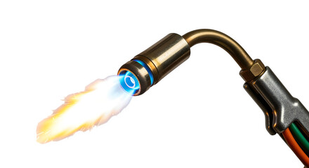 Welding torch with flame detail, isolated on white background