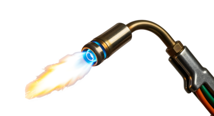 Welding torch with flame detail, isolated on white background