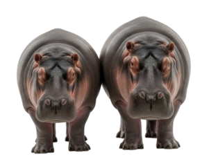 Two hippos standing together in a playful pose with a transparent background, cutout PNG
