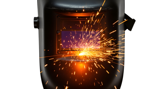 Welding mask with sparks around edges, isolated on white background