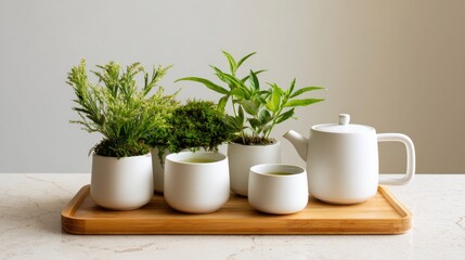 Fototapeta premium White tea set with miniature plants on bamboo tray, minimalist aesthetic
