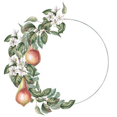 Round frame with branches, flowers and pear fruits. Isolated watercolor illustration of fruits for product line design, kitchenware design, seasonal menu, postcards, textiles, clothing printing.