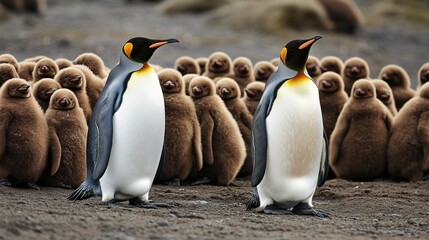 Obraz premium King Penguin with Chicks, Antarctic Wildlife, Family Affection, Natural Ecology Material