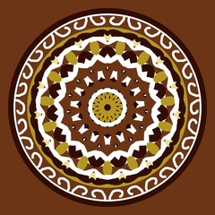 Traditional circular mandala ornament with ethnic geometric decorative pattern in earthy brown and golden tones for artistic design and background. Illustration