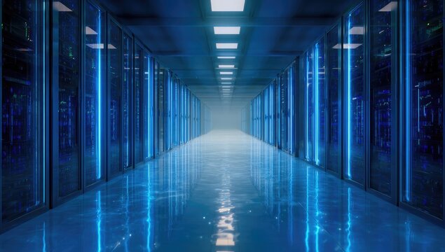 Empty server room lit by blue lights