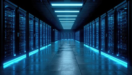 Fototapeta premium Futuristic server room, glowing blue