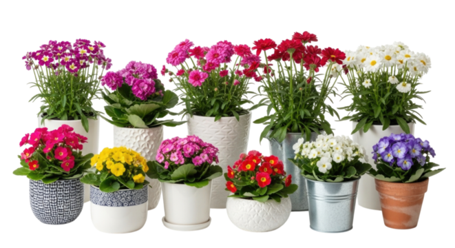 Colorful assortment of blooming potted flowers on a white background, cutout png isolated on transparent bg