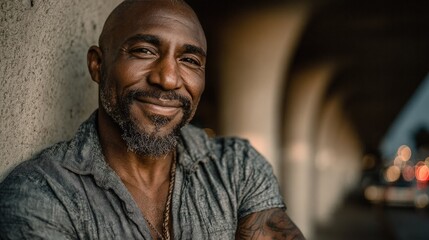 Close-up portrait of a smiling dark-skinned man with a gray beard, leaning against a concrete pillar, outdoors