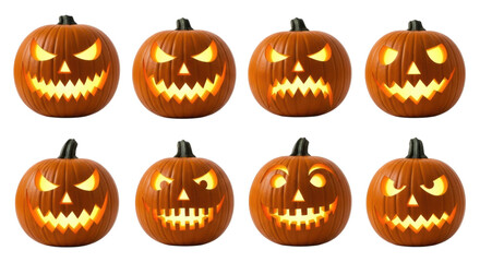 Collection of Halloween pumpkins with various facial expressions, cutout transparent background, cutout PNG
