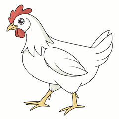 A simple cartoon of a white chicken with a red comb and wattles, yellow beak, and yellow legs, shown standing and facing left.