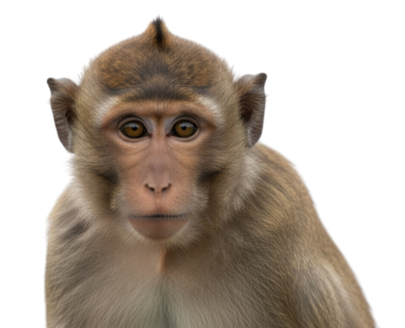 Monkey with expressive eyes staring directly at the viewer isolated on a transparent background, cutout PNG