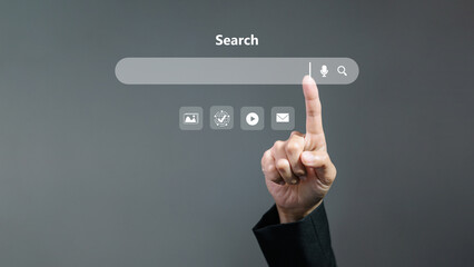 Touching Digital Search Bar with Online Communication Icons