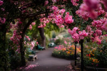 Beautiful pink roses climbing on an arch structure in a public garden creating a romantic flowered walkway