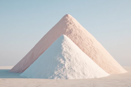 Two conical piles of light pink and white powder, against a pale sky