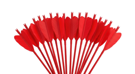 Bunch of vibrant red arrows with heart-shaped feathers for decoration transparent background, cutout PNG