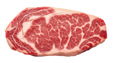 Premium ribeye steak with rich marbling and vibrant color, isolated against a transparent background, cutout PNG