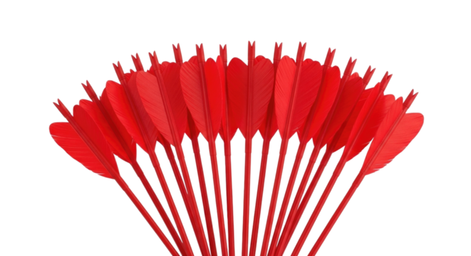 Bunch of vibrant red arrows with heart-shaped feathers for decoration transparent background, cutout PNG