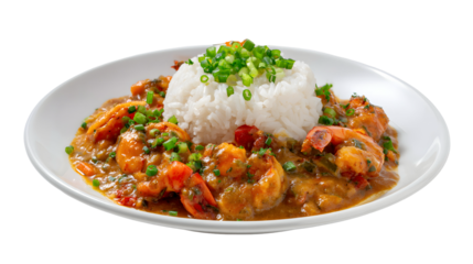 A classic plate of Shrimp Étouffée, featuring a rich, savory stew served over white rice and garnished with scallions. Ideal for authentic Cajun menus.