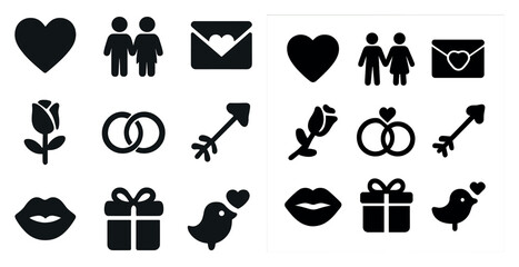 Obraz premium Romantic and wedding silhouette icons set – love, romantic, relationship symbols
