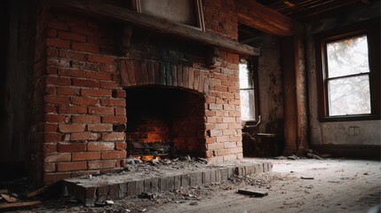 A rustic brick fireplace after the fire has gone out, empty and cold, ash scattered across the base, with natural daylight entering the room