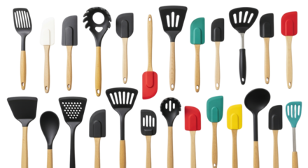 Various kitchen utensils arranged on a white surface with a transparent background, cutout PNG