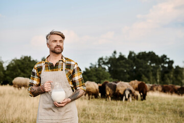 Modern farmer enjoying peaceful rural life with fresh milk in the countryside
